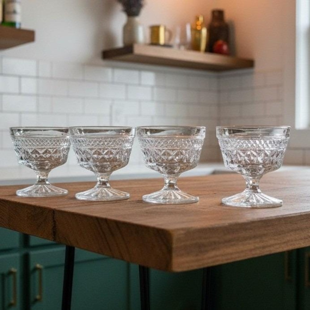 Anchor Hocking Wexford Wine Glasses, Set of 4, Vintage Diamond Cut Pressed Glass